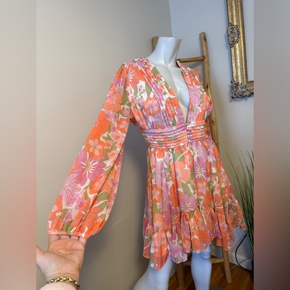 VICI Collection Floral Long Sleeve Chiffon Babydoll Dress Medium Retro Look - Picture 3 of 11